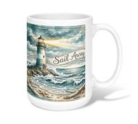 Lighthouse Ceramic Coffee Mug, Coastal Vintage Waves Starfish Summer Blue Novelty Tea Mug with Handle Ideal for Friendship Family Colleague Staff Sweetheart Teachers 15 Oz