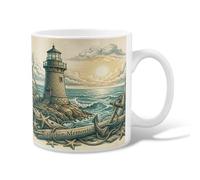 Lighthouse Ceramic Coffee Mug, Nautical Vintage Anchors Waves Summer Blue Novelty Tea Cup with Handle Ideal for Friends Family Co-Worker Lovers Eldership Senior 11 Oz