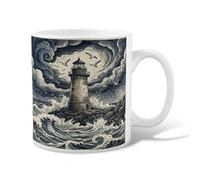 Lighthouse Ceramic Coffee Mug, Nautical Vintage Waves Clouds None Blue Novelty Tea Cup with Handle Ideal for Friendship Family Colleague Staff Sweetheart Teachers 11 Oz