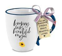 Lighthouse Christian Products Kindness Collective Inspirational Affirmation Coffee Cup, Blue Rim Mug with Encouragement Tag, 19 Ounce Ceramic Bravery Looks Beautiful on You