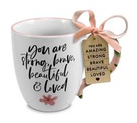 Lighthouse Christian Products Kindness Collective Inspirational Affirmation Coffee Cup, Pink Rim Mug with Encouragement Tag, 19 Ounce Ceramic You are Strong Brave