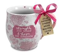 Lighthouse Christian Products Kindness Collective Inspirational Pretty Print Affirmation Coffee Cup, Pink Floral Mug with Encouragement Tag, 14 Ounce Ceramic Strength for Today Hope for Tomorrow