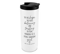 Lighthouse Christian Products She Has Hope Believing - 20 ounce White and Black Insulated Stainless Steel Tumbler with Lid Christian Gift - Catholic Travel Cup
