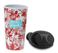Lighthouse Christian Products You Are Loved 12 Ounce Ceramic Stoneware Travel Tumbler Mug, Crimson Floral