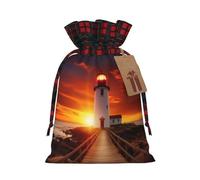 Lighthouse Christmas Drawstring Linen Gift Bag Paired With Scottish Plaid Fabric, With A Delicate And Simple Texture