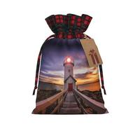 Lighthouse Christmas Drawstring Linen Gift Bag Paired With Scottish Plaid Fabric, With A Delicate And Simple Texture
