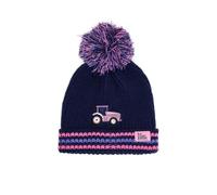LightHouse Kids Bobbie Warm Bobble Cable Knit Hat - Childrens Winter Outdoor Headwear - Pink Tractor Striped - 2-4 Years