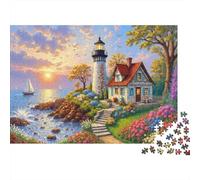 Lighthouse Coastal Cottage 1000 Piece Jigsaw Puzzle Jigsaw Puzzle for Adults Sunset View Relaxation Gift 52x38cm/1000pcs