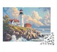 Lighthouse Coastal Scene Recycled Cardboard 1000 Piece Nautical Seaside Painting Style Jigsaw, Stress Relief, Personalised, Wall Decor & Home Leisure 52x38cm/1000pcs