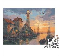 Lighthouse Coastal Scene Recycled Cardboard Jigsaw Puzzle for Kids with Attention-Deficit Harbor Lighthouse Issues 1000 Pieces Classic Educational Games 52x38cm/1000pcsLighthouse Coastal Scene