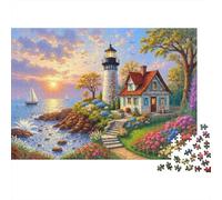 Lighthouse Cottage Jigsaw Puzzles 1000 Pieces Recycled Material Seaside Garden Puzzles for Elderly Relieve Senile Dementia Fun Family Game Activity Home 38x26cm/1000pcs