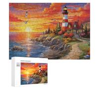 lighthouse cottage jigsaw puzzles puzzle 300 pcs,sunset seaside whimsical challenge toy educational games home decoration for adults& kids age 14 years up.