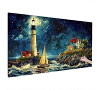 Lighthouse Diamond Art Kits Adults, 5D Diamond Painting Starry Night 2025 Design New, Square Full Drill Crystal Art Kit, DIY Cross Stitch Painting Set for Gifts and Christmas Home Decor 180x80cm Q-72