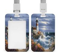 Lighthouse Diamond Painting ID Badge Holder with Lanyard and Clip - Hard ABS Plastic Vertical Card Holder, Fashion Slide-Back Name Tag Set for Office, Business & Daily Work