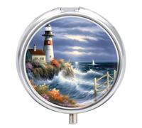 Lighthouse Diamond Painting Metal Pill Organizer, 3 Compartment Waterproof Pill Case with Mirror for Purse Pocket Bag, Daily Medicine Vitamin Holder, Portable Travel Med Container(Round)