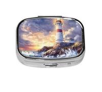 Lighthouse Diamond Painting Mini Pill Box Metal Travel Medicine Organizer with 2 Compartments Pocket-Sized Pill Container