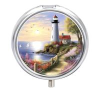 Lighthouse Diamond Painting Pill Box Small Round Pill Case Portable Travel Pill Container Multi-Functional Moisture Proof Metal Medicine Pill Organizer Box for Vitamins Fish Oil