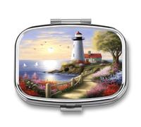 Lighthouse Diamond Painting Pill Organizer with 2 Compartments Metal Square Pill Case Small Pill Box Portable Medicine Box Slim Travel Pill Container Medicine Organizer for Daily Use