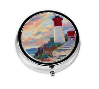 Lighthouse Diamond Painting Print Round Pill Organizer 3 Compartment Pill Box Portable Medicine Pill Case for Outdoor Travel