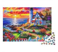 Lighthouse Difficult 1000 Piece Jigsaw Puzzle for Adults Lighthouse with Cottage by Sunset Sea And Flowers Premium Thick Sturdy Vibrant Challenging Stress Relief 52x38cm/1000pcs