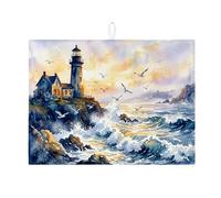 Lighthouse Dish Drying Mats for Kitchen Counter, Blue Coastal Absorbent Dish Rack Mat, Nautical Art Microfiber Drying Pad for Kitchen Counter Protector 18x24 Inch