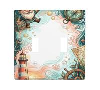 Lighthouse Double Light Switch Cover Plate, Nautical Fanciful Compass Treasure Chest Summer Teal Plastic Standard Size Toggle Light Switch Cover for Living Room Bedroom Home Office Decor