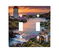 Lighthouse Double Light Switch Cover Plate, Scenic Natural Flowers Cottage Summer Violet Plastic Standard Size Decorative Wall Plates for Living Room Bedroom Home Office Decor