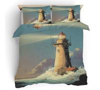 Lighthouse Duvet Cover Set, Nautical Bedding Set, Soft Breathable Microfiber Double Quilt Cover 3 Piece with Zipper Closure, 1 Duvet Cover 200x200 cm 2 Pillowcases