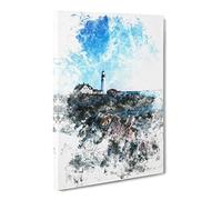 Lighthouse In Cape Elizabeth Maine Watercolour Canvas Print | Gallery Wrapped 30mm Frame Wall Art | 30x20 inches | Ready to Hang | Coastal Seascape Picture | Living Room Bedroom Lounge Office