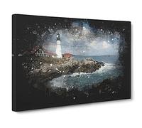 Lighthouse In Maine Paint Splash Canvas Print | Gallery Wrapped 30mm Frame Wall Art | 30x20 inches | Ready to Hang | Coastal Seascape Picture | Living Room Bedroom Lounge Office