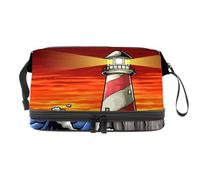 Lighthouse in Rock with Wave Sunset Double Layer Cosmetic Bag for Women and Girls, Travel Toiletry Bag Makeup Handy Pouch Organiser Bag with Brush Compartment