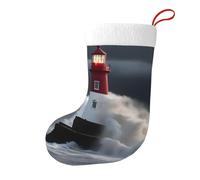 Lighthouse In Storm Christmas Stocking 17.7", Festive Hanging Sock for Fireplace Mantel, Holiday Decorations