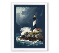 Lighthouse in Storm Coastal Framed Wall Art Print A4 (29.7×21cm) White, Wall Decor for Living Room, Bedroom, Office & Home, Ready to Hang, Art Gift