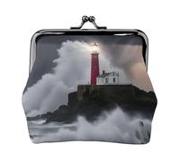 Lighthouse in Storm Print Compact Coin Purse 4.52 x 4.13in Cute Mini Wallet with Kiss Lock Waterproof Pouch