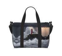 Lighthouse In Storm print Gym Bag for Women,Carry on Weekender Overnight Duffle Bag,Personal Item Tote Bag, Black, One Size