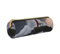 Lighthouse In Storm Print Leather Pencil Case Zipper Pencil Pouch Leather for Adults Office Travel and Makeup