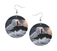 Lighthouse In Storm Printed Round Earrings For Women, 1 Pair Lightweight Leather Pierced Earrings Set Trendy Jewelry Gifts For Women Girls