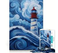 Lighthouse in Stormy Sea Blue Jigsaw Puzzle 1000 Piece Recall Enhancer Thick Material Pattern Assemble Birthday Gift (38x52cm)