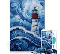 Lighthouse in Stormy Sea Blue Jigsaw Puzzles 1000 Pieces for Teenagers Logic Exercise Clear Color Family Play Night Play (50x75cm)