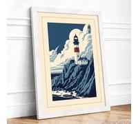 Lighthouse in the Storm Coastal Framed Wall Art Print A2 (59.4×42cm) White, Wall Decor for Living Room, Bedroom, Office & Home, Ready to Hang, Art Gift