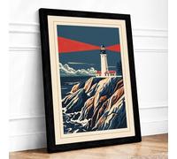 Lighthouse in the Storm Coastal Framed Wall Art Print A4 (29.7×21cm) Black, Wall Decor for Living Room, Bedroom, Office & Home, Ready to Hang, Art Gift