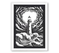 Lighthouse in the Storm Industrial Framed Wall Art Print A3 (42×29.7cm) White, Wall Decor for Living Room, Bedroom, Office & Home, Ready to Hang, Art Gift