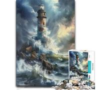Lighthouse in The Storm Wooden Jigsaw Puzzle for Adults | Holiday gift for puzzle fans: solo or shared puzzle time at home.