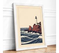 Lighthouse in Turbulent Seas Coastal Framed Wall Art Print A3 (42×29.7cm) White, Wall Decor for Living Room, Bedroom, Office & Home, Ready to Hang, Art Gift