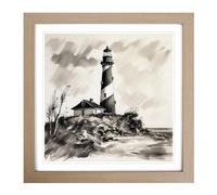 Lighthouse Ink Wash No.1 Framed Print | 18x18 Inch Oak Framed Wall Art | Ready to Hang | Modern Cityscape Picture | Living Room Bedroom Lounge Office
