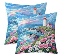 Lighthouse Kids Throw Pillow Cover,Daisy Flowers Leaf Sea Waves Ocean Double Sides Pillow Case,Lake House Nautical Adventure Home Decor,Blue Pink Bed Couch Sofa Cushion Cover,2 Pack 18"x18"