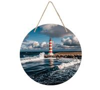 Lighthouse Landscape Waves White Clouds Welcome Sign for Front Door 7.9 Wooden Flower Door Hanger, Rustic Round Large Wood Plaque Wall Hanging Decor for Front Porch Outdoor Farmhouse Home Decorations