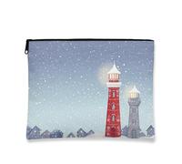 Lighthouse Makeup Bag, Blue Snowy Coastal Cosmetic Travel Pouch for Women, Portable Small Canvas Zipper Organizer, Holiday Skincare Toiletry Bag, Blue, 7x9 Inch, Lighthouse