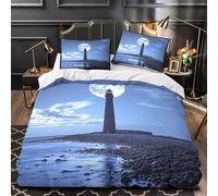 Lighthouse Moonlight Quilt Cover 3D Print Extra Soft 3PCs Bed Linen Hidden Zipper Night Landscape Comforter Cover Premium Wrinkle-Resistant for Adults Teens Women Kids Girls Boys Single（135x200cm）