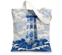 Lighthouse Nautical Coastal Scene Reusable Canvas Tote Bags Vintage Beach Tote Bags Lightweight Washable Canvas, blue, 13x15 Inch